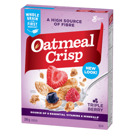 Front pack shot of Oatmeal Crisp Triple Berry cereal